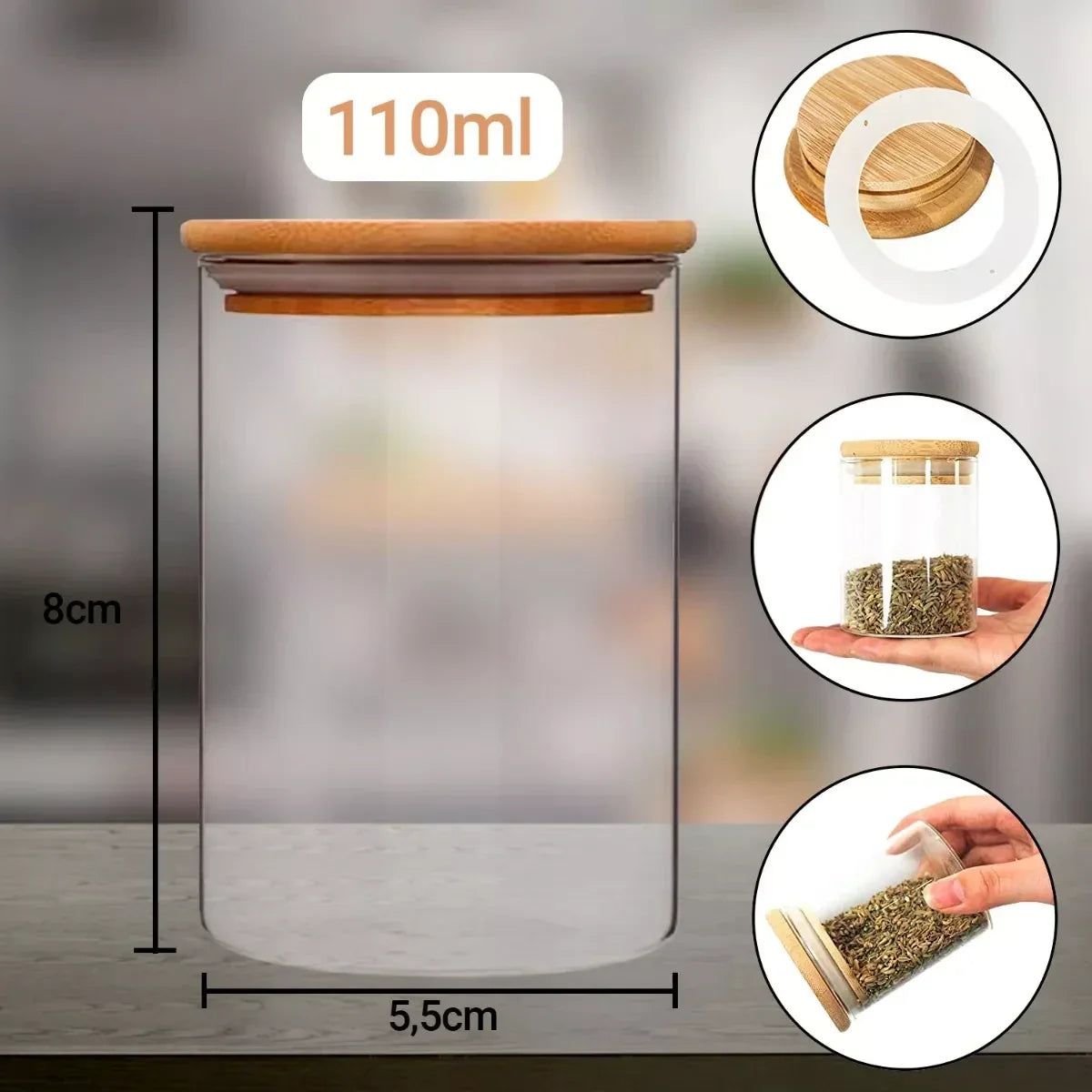 Kit De 12 Potes Herméticos Vidro Tampa Bambu 110ml