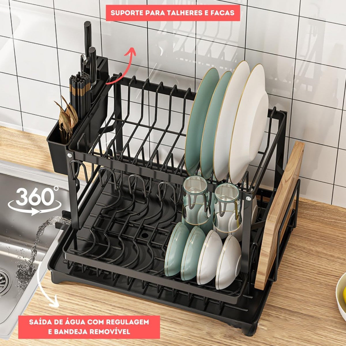 Escorredor de Louça Inox com Porta Pratos Talheres Copos Modular Master (Preto)