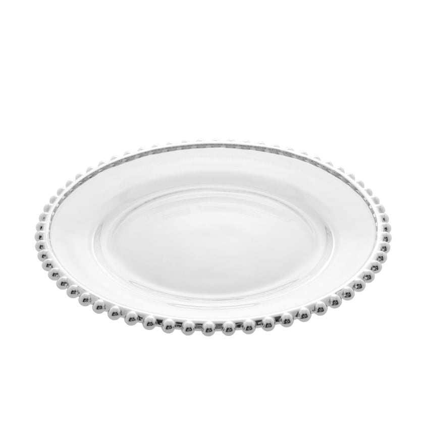 Prato Raso Cristal com Borda Bolinha Prata Pearl - 28 cm